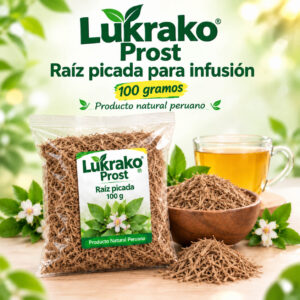 Lukrako Prost Raíz Picada para Infusión 100 gramos, bolsa con bowl de raíz de lucraco y taza de infusión
